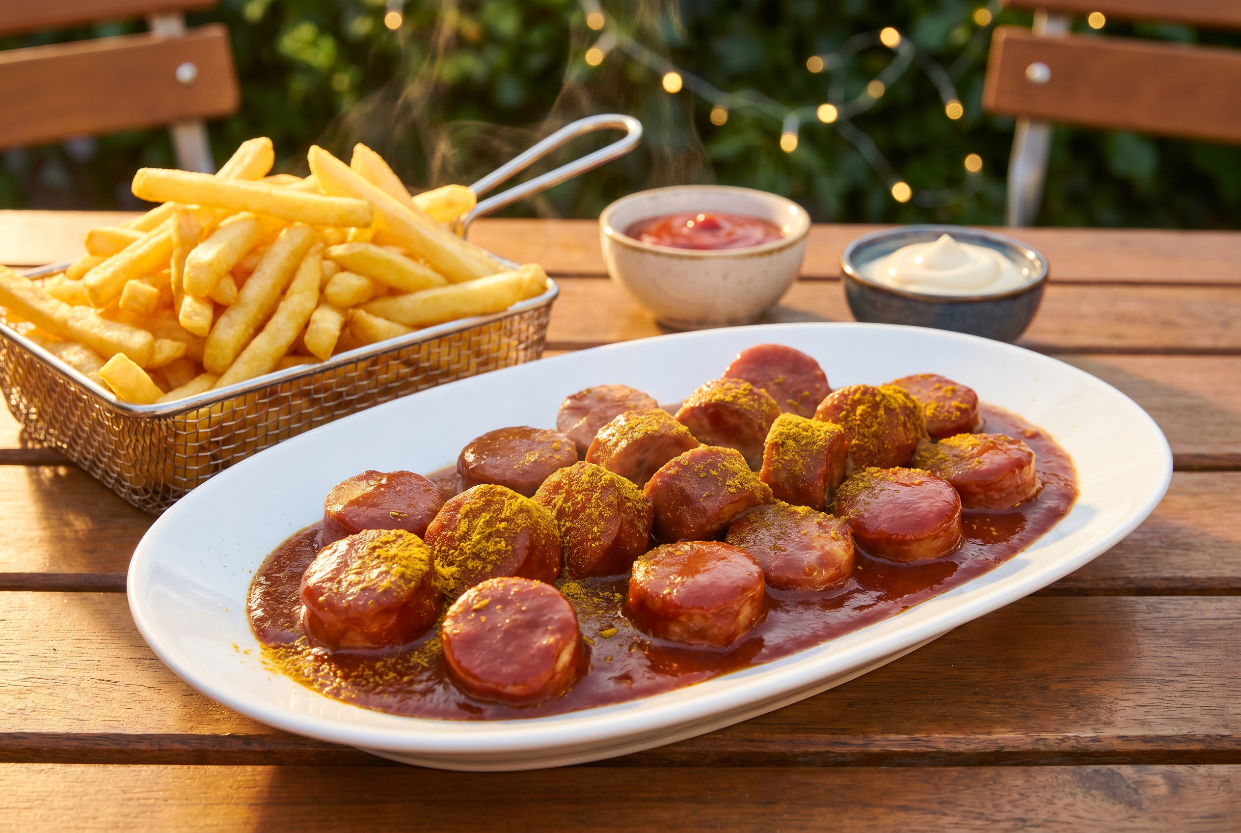Currywurst mit Pommes, Ketchup und Mayo – das Highlight bei Wuttke in der Heide